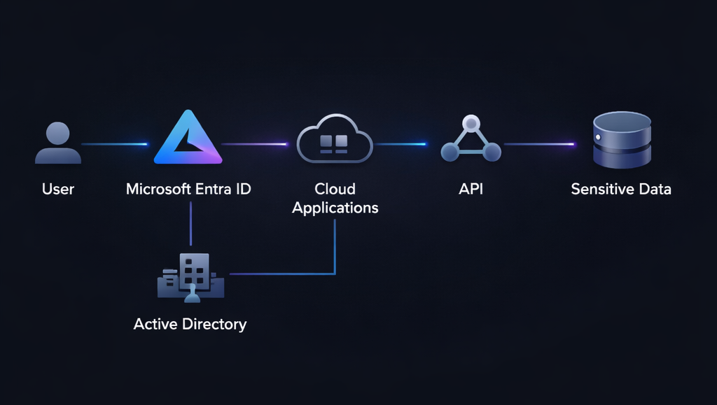 Entra ID security gaps diagram showing identity exposure across cloud applications and hybrid environments