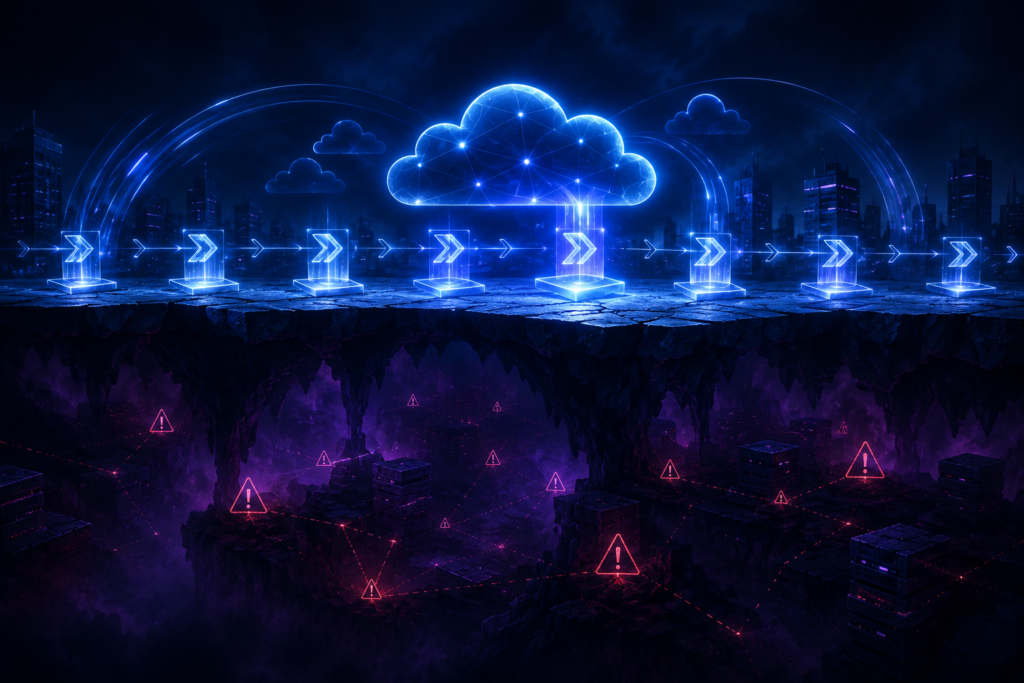 cloud misconfiguration risk visual showing hidden security exposure beneath modern cloud environments
