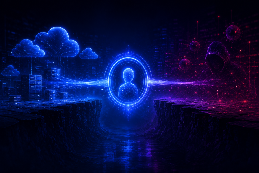 identity in cloud security visual showing identity as the bridge between cloud environments and breach risk
